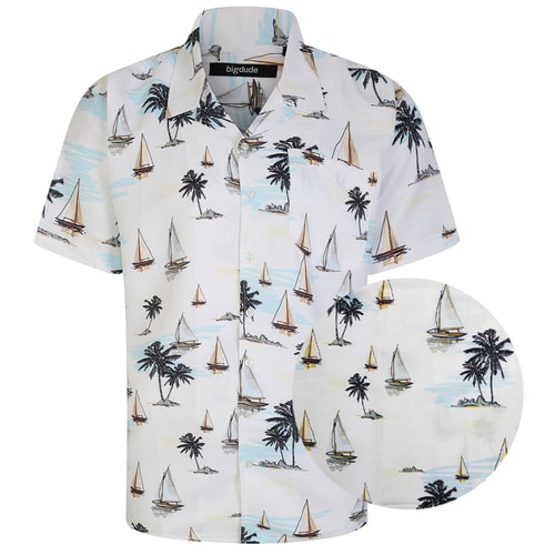 Bigdude Relaxed Collar Sail Print Short Sleeve Shirt White